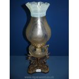 A metal based Oil Lamp with clear reservoir and pretty etched glass shade, 22'' tall,