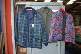 Three padded Jackets, one navy blue check by John Partridge, size S/M,