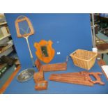 A quantity of Treen to include; book slide, badminton racquet with press, boxes, model saw,