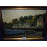 A framed oil on canvas depicting a seaside village with figures and a harbour wall,