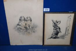 A Herbert Wyn Hellings pencil sketch of two Spaniels and a print 'Dinna Forget Me'.