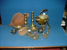 A quantity of brass including bellows, kettle on stand, candlesticks, etc.