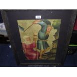A wooden framed print of a lady sitting next to a gentleman with an axe, 20 1/2'' x 26 1/2''.