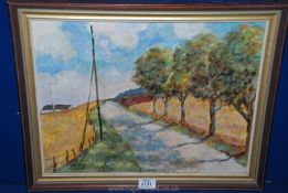 An impressionist oil on canvas of trees by a road, signed Krarup 1995.