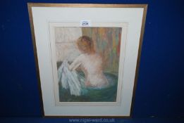 An acrylic on paper of a nude bathing, in the manner of Degas.