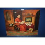 An unframed Oil on canvas of a priest sitting in a chair studying papers,