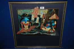A French mixed media picture with Egyptian motifs, signed Elaine Grouard.
