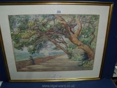 A framed and mounted Watercolour of a figure by a coastal scene, signed lower left L.