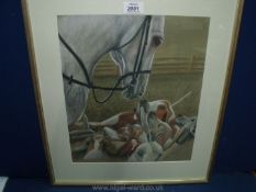 A framed and mounted Coloured charcoal drawing of Hounds with a horse,