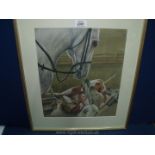 A framed and mounted Coloured charcoal drawing of Hounds with a horse,