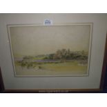 An unsigned framed and mounted watercolour of Castle on the side of a river.