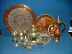 An oblong galleried tray with two goblets and oriental teapot and some copper including a large