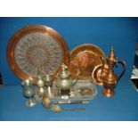 An oblong galleried tray with two goblets and oriental teapot and some copper including a large