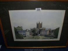 A framed and mounted Coloured lithograph 14/150 of Hereford Cathedral by Jonathan Thomas Adams 1988.