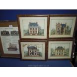 Four framed prints 'La Masion De Champagne' along with a framed set of rules for lawn croquet by