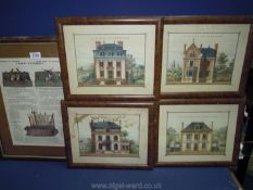 Four framed prints 'La Masion De Champagne' along with a framed set of rules for lawn croquet by