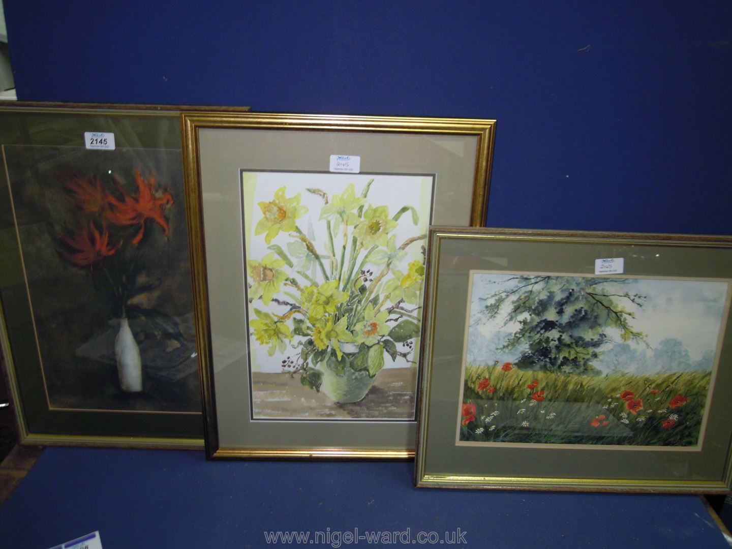 A framed and mounted Watercolour of Poppies and Daisies in a field;