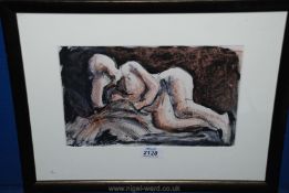 A modern watercolour of a female recumbent nude in the manner of Henry Moore.