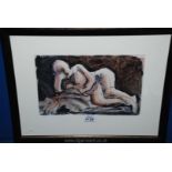 A modern watercolour of a female recumbent nude in the manner of Henry Moore.
