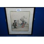 A Japanese watercolour and collage of two women in a landscape, early 20th Century.