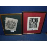 A Ltd. Edition 4/25 framed and mounted Woodcut Print of an African lady and child, initialled J.G.