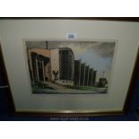 A framed and mounted Coloured lithograph depicting Coventry Cathedral signed in pencil James