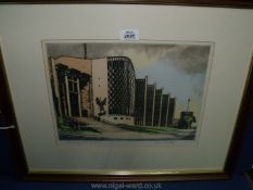 A framed and mounted Coloured lithograph depicting Coventry Cathedral signed in pencil James