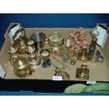 A quantity of plated and brass items including candlesticks and rose bowl, kettles,