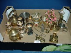 A quantity of plated and brass items including candlesticks and rose bowl, kettles,