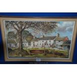 A 1950's Oil on canvas of farm cottages, signed E.M Wadham.