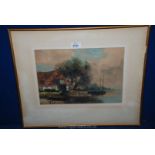 An early 20th c. Watercolour of a boathouse, signed indistinctly.