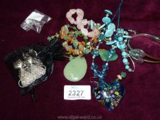 A 925 silver ring, cat brooch, jade coloured necklace and earrings, amethyst, rose quartz, etc.