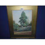 A gilt framed watercolour of a park scene with a Church spire, indistinctly signed lower left,