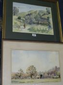 A framed and mounted Watercolour of a country landscape with a trailer and bales,