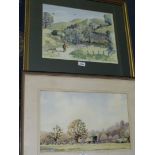 A framed and mounted Watercolour of a country landscape with a trailer and bales,