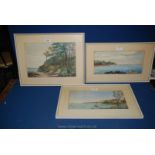 Three framed and mounted watercolours of various coastal scenes, all unsigned.