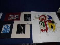 An unframed Miro print together with four mounted Postcards