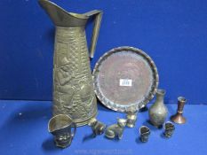 A box of brass including large jug, copper tray and brass animals etc.