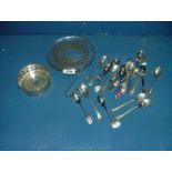 A quantity of miscellaneous plated teaspoons and souvenir spoons, wine coaster etc.