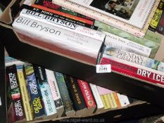 Two boxes of books including Bill Bryson, novels by Peter May, Anne Holt, etc.