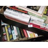 Two boxes of books including Bill Bryson, novels by Peter May, Anne Holt, etc.