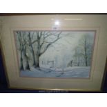 A large framed and mounted watercolour depicting a snowy country scene; signed Robert Price,