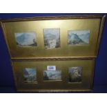Two small gilt frames with three landscape prints in each.