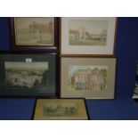 Five framed watercolours of Grand Buildings including S. Cross Hospital, 1855.