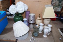A box of table lamps, vases, artificial flowers etc.