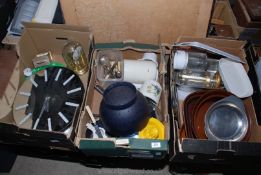 A box of clocks and kitchenalia, etc.