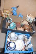 Two boxes of china including teapots, Sylvac figures a/f.