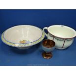 A lustre goblet, a Minton chamber pot and a large continental pottery bowl.