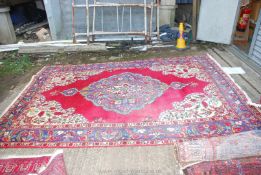 A bordered patterned and fringed Rug with a purple floral centre with red surround and floral