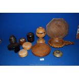 A quantity of wood boxes and containers including tobacco jar, treen lidded jar, trinket boxes etc.